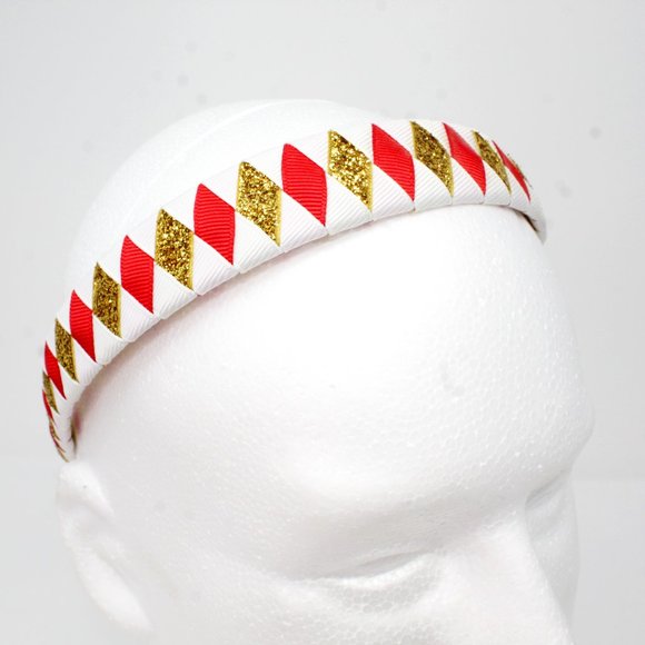 Hand Crafted Accessories - Handmade Diamond Pattern Red Glitter Gold White Double Ribbon Headband SF 49ers